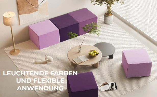 Modulare Lavendel-Fußhocker. Multifunktionale und stilvolle Schaumstoff-Poufs/Würfel. Wohnaccessoires.
