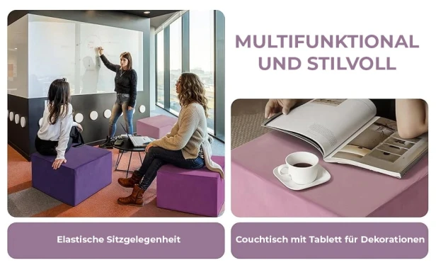 Modulare Fußhocker in Lavendel. Multifunktionale und stilvolle Schaumstoff-Poufs/Würfel.