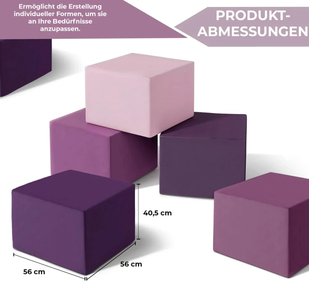 Modulare Fußhocker und Beistelltische in Lavendel. Produktabmessungen.
