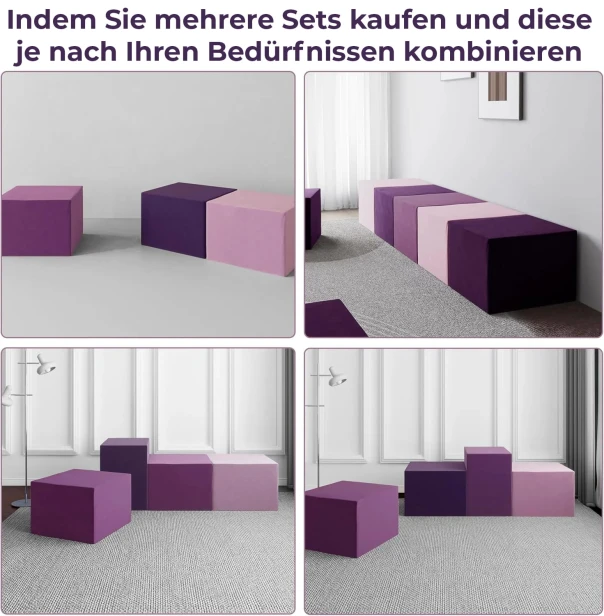 Modulare Lavendel-Fußhocker, Konfiguration, Verbindung, Möglichkeiten