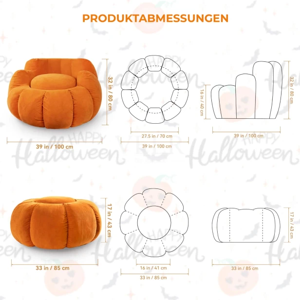Kürbisförmiger Pouf, Produktabmessungen.