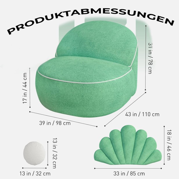 Abmessungen des grünen Muschel-Poufs mit Kissen: 78 cm hoch, 110 cm tief
