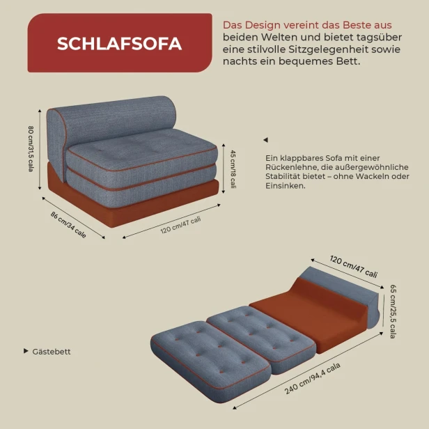 Infografik mit Maßen der modularen, ausklappbaren Chaiselongue/des 3-Funktionsbetts