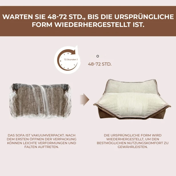 Eine Infografik, die den Prozess der Wiederherstellung der ursprünglichen Form des großen modularen Lounge-Sofas nach dem Auspacken aus der Vakuumverpackung erklärt.