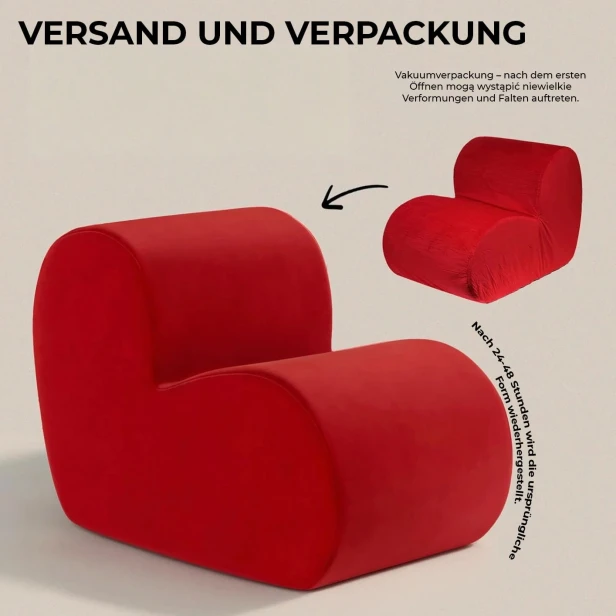 Infografik zur Erläuterung des Vakuumverpackungsprozesses eines roten, herzförmigen Modulstuhls.