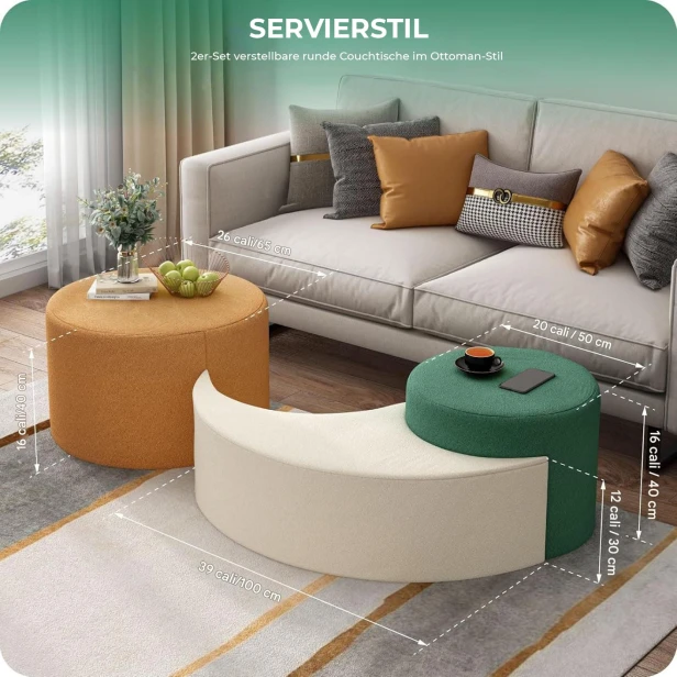 Infografik zur Präsentation des Themas „Servierstil“ mit zwei Sets verstellbarer modularer Poufs (grün, orange, beige) als Ottomane-Couchtische.