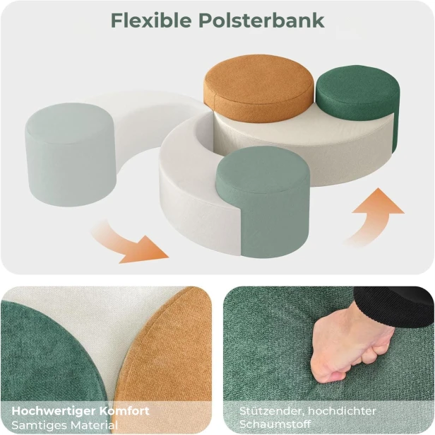 Infografik mit Details: Poufs aus hochwertigem Samtmaterial und hochdichtem Stützschaum.