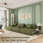 Modulare, waldgrüne Sofas, bestehend aus drei Segmenten, stehen in einem eleganten Wohnzimmer mit mintgrünem Stuck.