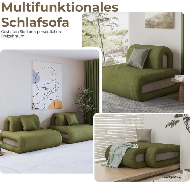 Ein modulares, multifunktionales Sofa mit waldgrüner Schlaffunktion. Sichtbar als Chaiselongue und mit ausgeklappter Matratze.