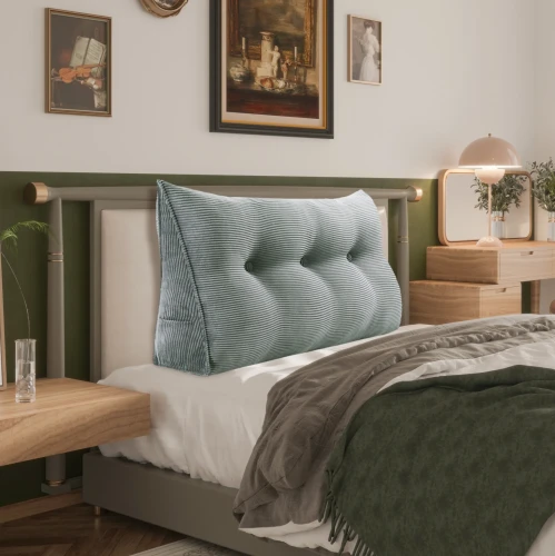 Großes Lesekissen aus Cord – Grau, Schlafzimmer-Arrangement auf dem Bett.