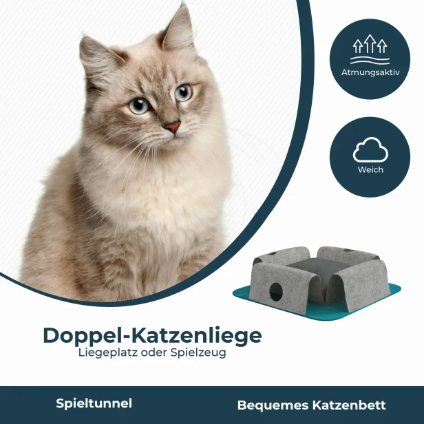 Doppel-Katzenliege aus Filz – Spieltunnel und atmungsaktives Bett