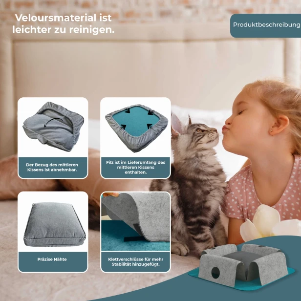Details zum Filz-Katzenbett – Abnehmbarer Samtbezug und präzise Nähte