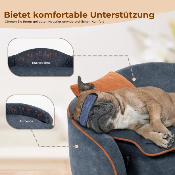 Das Foto verdeutlicht den Hauptvorteil unseres exklusiven Hunde-Sofabetts: außergewöhnliche Unterstützung, die zu einem gesunden und erholsamen Schlaf beiträgt.