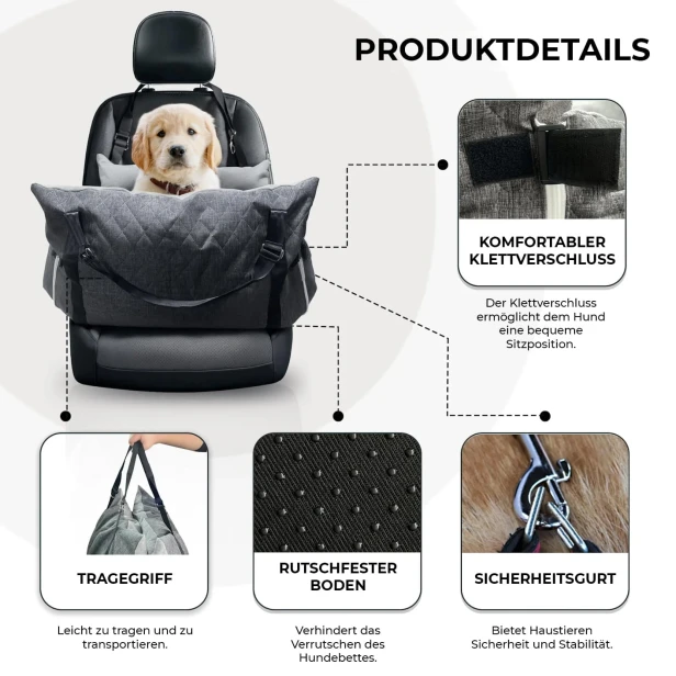 Produktdetails: Rutschfester und stabiler Autositz für Hunde (Korb-Typ)