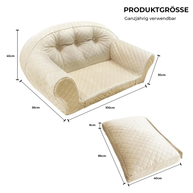 Großes Hundesofa 100 x 56 cm | Beiges, gestepptes Samtsofa | Luxus-Hundebett
