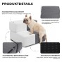 Eine beige französische Bulldogge erklimmt zwei Ebenen einer weiß-grauen Hundetreppe. Die Grafik zeigt die Produktdetails: hochdichter Schaumstoff, hochwertiger Stoff, leicht zu reinigender Reißverschluss und rutschfeste Unterseite.