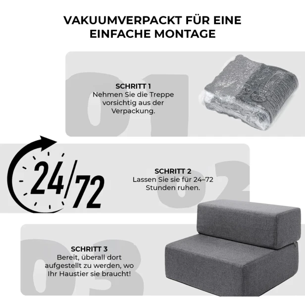 Montageanleitung für Hundetreppen: Vakuumverpackte Schaumstoffstufen – Ausdehnungszeit (24-72 Stunden)