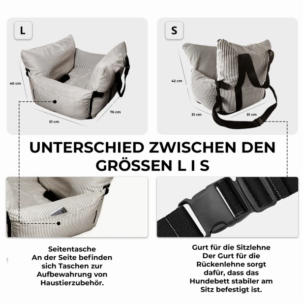Grafik zum Vergleich der Größen S und L eines gestreiften Hundeautositzes.