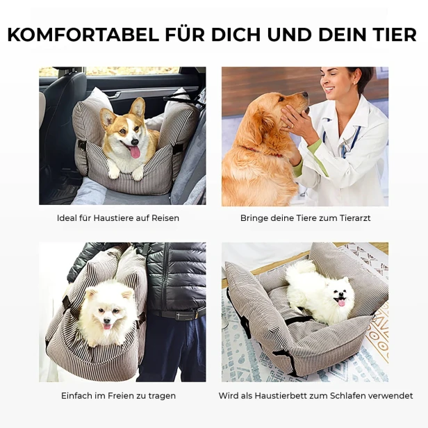 Eine Fotocollage, die für ein multifunktionales, gestreiftes Haustierbett mit dem Slogan „KOMFORTABEL FÜR SIE UND IHR HAUSTIER“ wirbt.