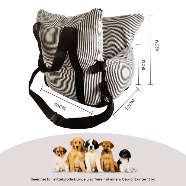 Auto-Hundebett mit schwarz-weißen Streifen, Maße 52x52x42 cm.