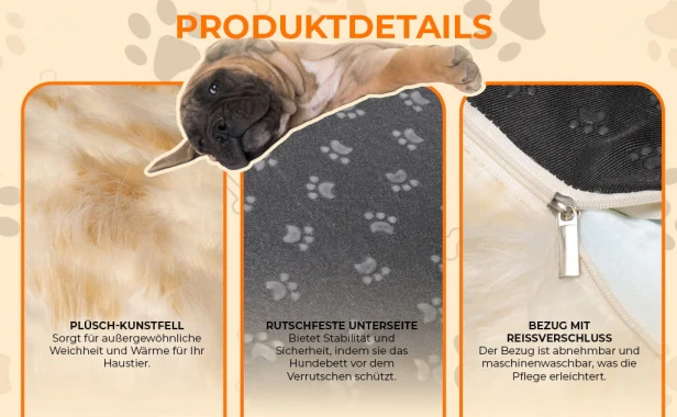 Grafik mit "PRODUKTDETAILS" für ein Hundebett/eine Hundematte.
