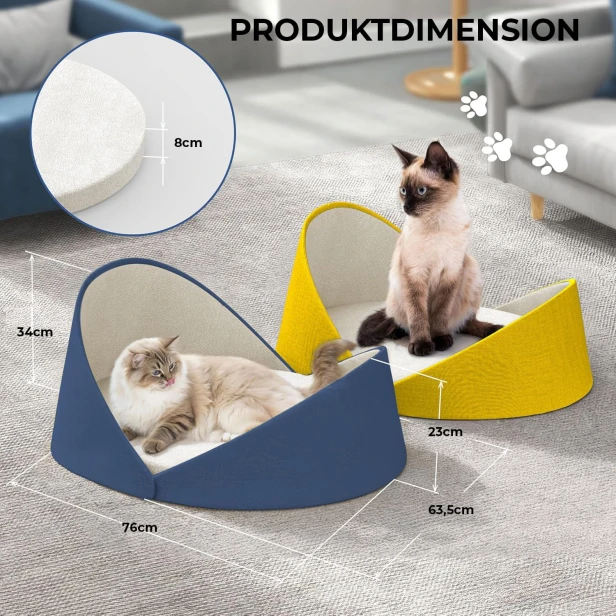Spezifikationen und Abmessungen dieses Designer-Katzenbetts (76 x 63,5 x 34 cm). Erhältlich in Blau und Gelb. Matratzenstärke: 8 cm.