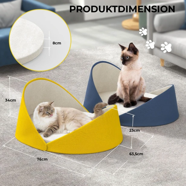 Spezifikationen und Abmessungen dieses Designer-Katzenbetts (76 x 63,5 x 34 cm). Erhältlich in Blau und Gelb. Matratzenstärke: 8 cm.