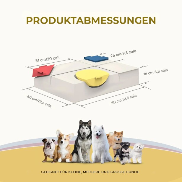 Ein Foto, das die Abmessungen eines modularen Hundebetts zeigt, einschließlich der Hunderassen, für die es gedacht ist.