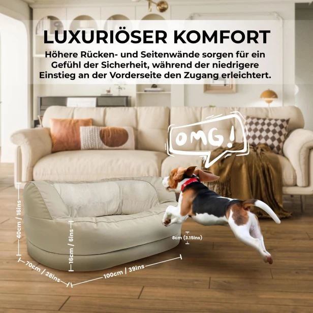 Ein Beagle springt in ein luxuriöses, beiges Bett mit den Maßen 100x70 cm.