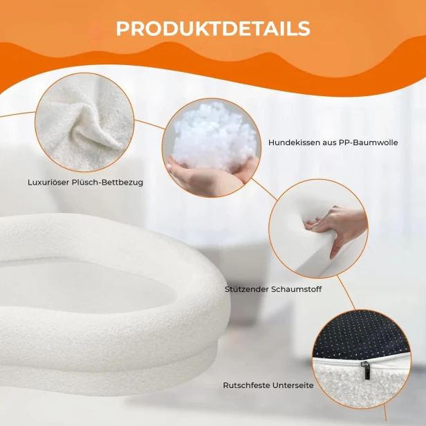 Eine Infografik mit dem Titel „PRODUKTDETAILS“, die die wichtigsten Designelemente und verwendeten Materialien des Hundebetts zeigt.