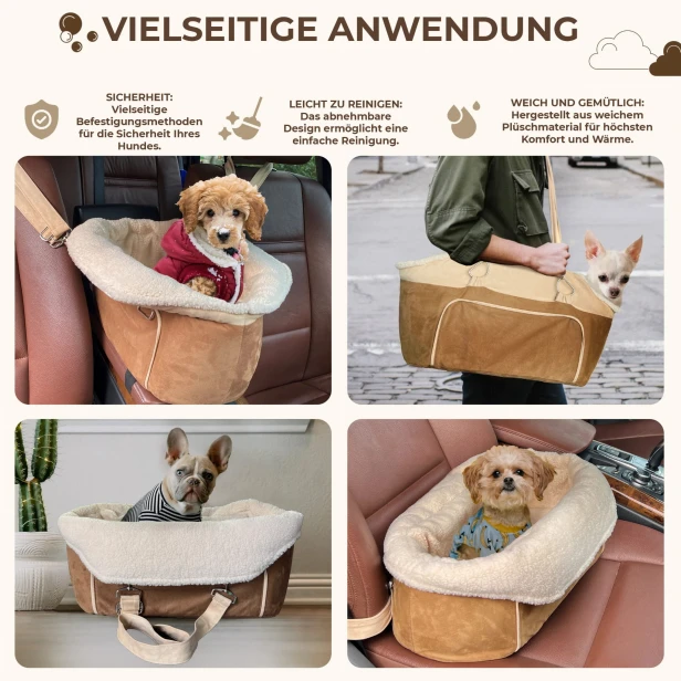 Eine Fotocollage, die die Vorteile und Einsatzmöglichkeiten eines braun-beigen Haustierbetts/einer Haustiertasche veranschaulicht.