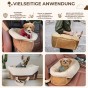 Eine Fotocollage, die die Vorteile und Einsatzmöglichkeiten eines braun-beigen Haustierbetts/einer Haustiertasche veranschaulicht.