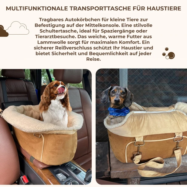 Eine braun-beige Reisetasche für Ihr Haustier mit weichem Futter.