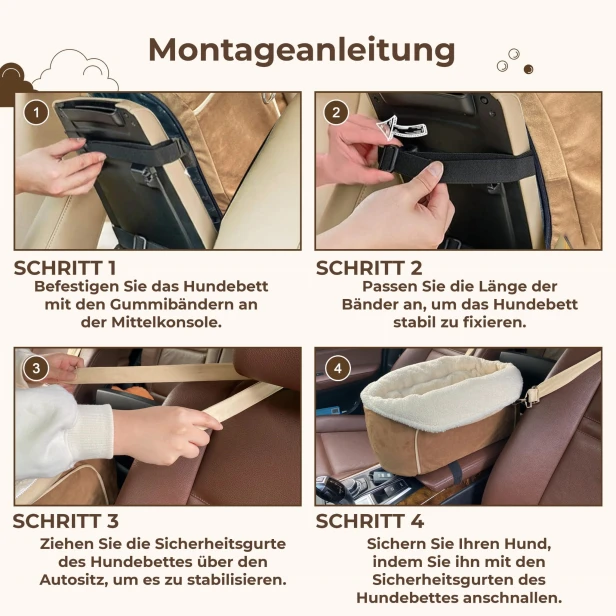 Einfache Schritt-für-Schritt-Anleitung zur Installation eines Hundesitzes/-betts auf der Mittelkonsole Ihres Autos.