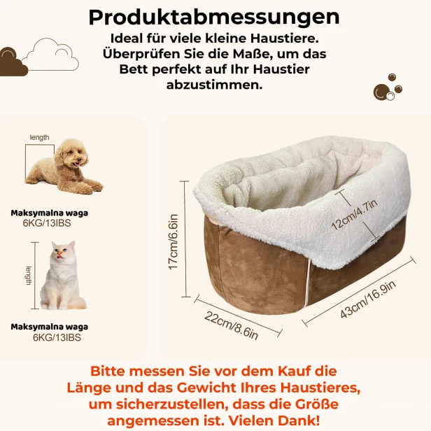 Genaue Abmessungen des Haustierbetts/Autositzes.