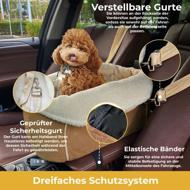 Ein sicherer Autositz für kleine Hunde mit Dreifach-Schutzsystem. Verstellbare Gurte und Konsolenbefestigung. Ideal für Pudel. Montage vorne und hinten möglich.