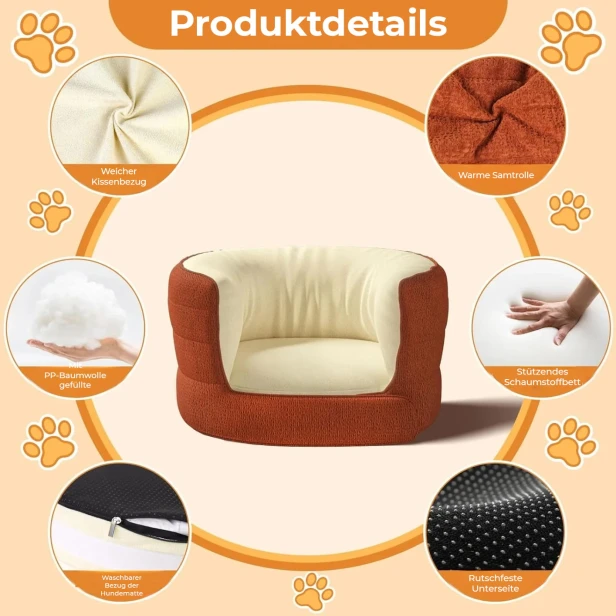 Dieses Hundebett in modischem Terrakotta und Beige ist ideal für Hunde, die Wert auf Komfort und Geborgenheit legen. Die hohen Seitenwände bieten hervorragende Unterstützung für Kopf und Nacken. Ein bequemes Bett für Französische Bulldoggen.