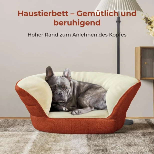Der Hund liegt in einem großen, erhöhten Hundebett in Terrakotta und Beige.