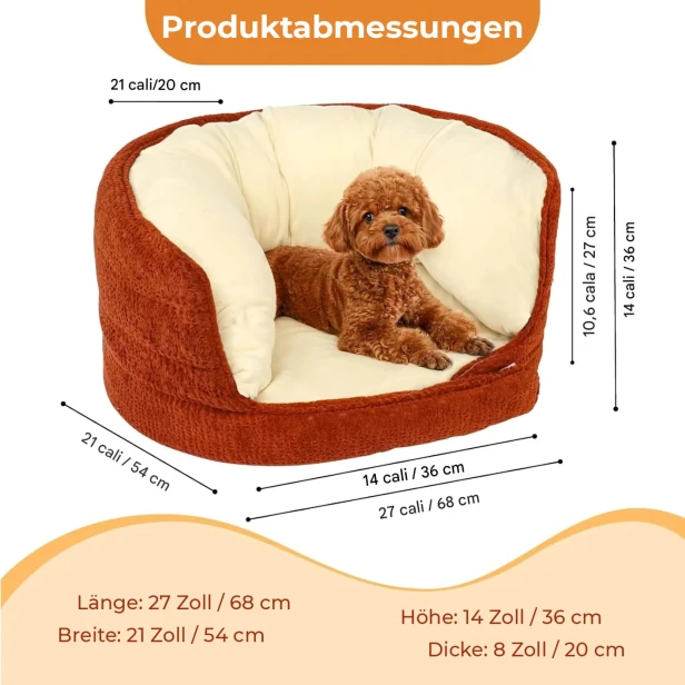 Exakte Abmessungen des Hundebetts in Terrakotta und Beige.
