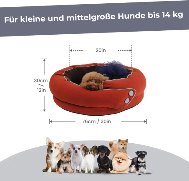 Infografik mit einem rost-/terrakottafarbenen Hundebett für kleine und mittelgroße Hunde.
