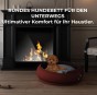 Ein entzückender, roter Welpe liegt in einem runden, weichen, bordeauxroten Bettchen neben dem Kamin.