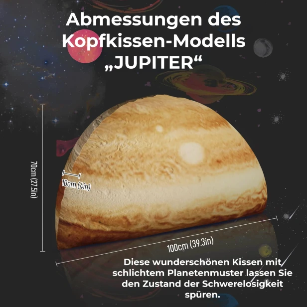 Grafik mit den Abmessungen eines dreidimensionalen, jupiterförmigen Kissens