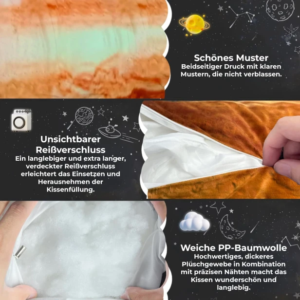 Eine Zusammenstellung von Fotos, die die Eigenschaften des Kissens zeigen.