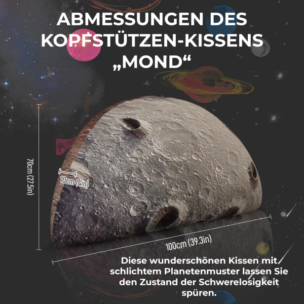 Abmessungen des Mond-Kopfstützkissens 100x70cm Großes 3D-Planetenkissen.