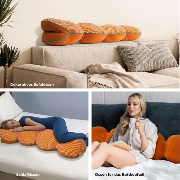 Eine Collage, die die multifunktionale Verwendung eines ergonomischen Segmentkissens („Schlangenkissen“) in verschiedenen häuslichen Kontexten darstellt.