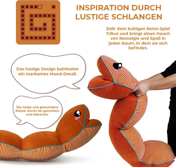 Werbeinfografik, die ein segmentiertes Kissen (Schlangenkissen) als Produkt vorstellt, das von dem legendären Retro-Spiel inspiriert ist.