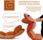 Werbeinfografik, die ein segmentiertes Kissen (Schlangenkissen) als Produkt vorstellt, das von dem legendären Retro-Spiel inspiriert ist.
