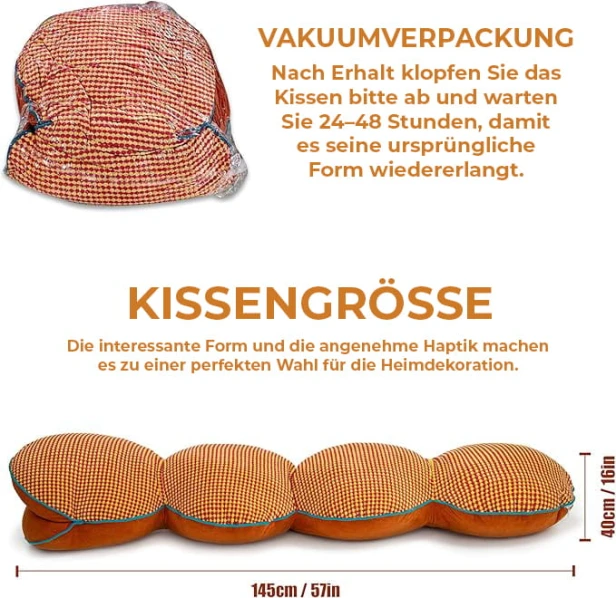 Informationstafel mit einer Zusammenfassung des Lieferprozesses (Vakuumverpackung) und Angabe der Abmessungen des segmentierten Kissens („Schlange“).