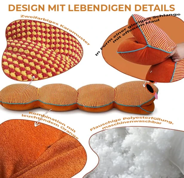 Eine Werbetafel, die detailliert das Design, die Materialien und die Füllung eines segmentierten ("Schlangen") Kissens vorstellt.