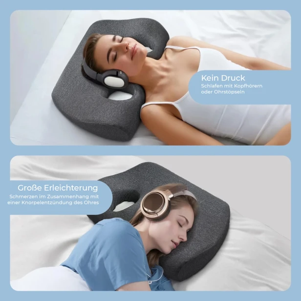 Die Collage zeigt ein spezielles, dunkelgraues ergonomisches Kissen mit Ohrlöchern und die Vorteile seiner Verwendung.